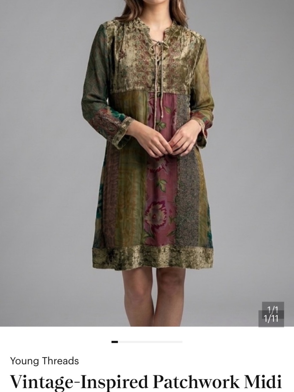 Young Threads Vintage-Inspired Olive & Mauve Patchwork Midi Dress